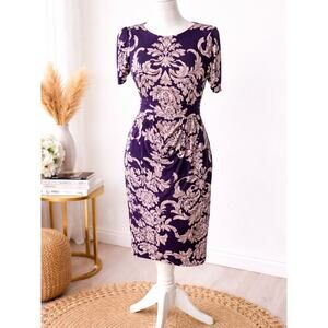 Connected Apparel Purple White Damask Print Sheath Dress Size 8P Petite